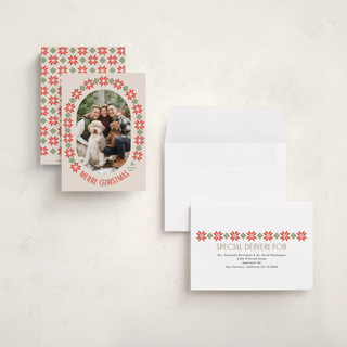 This is a linen petite holiday cards with standard by Karidy Walker called cozy knit christmas printing on recycled smooth signature in petite