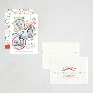 This is a fruitcake petite holiday cards with standard by Paper Sun Studio called baubles and bows printing on recycled smooth signature in petite