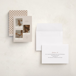 This is a cookie dough petite holiday cards with standard by Adelyn T. called polaroid trio printing on recycled smooth signature in petite