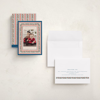 This is a blue jay petite holiday cards with standard by Teju Reval called festive block print printing on recycled smooth signature in petite