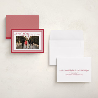 This is a ruby petite holiday cards with standard by Alston Foster called merry striped frame printing on recycled smooth signature in petite