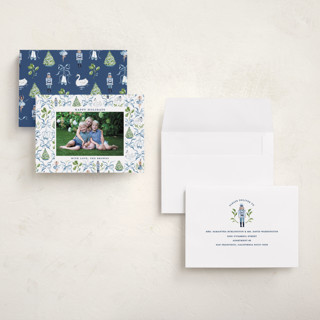 This is a blue ribbon petite holiday cards with standard by Sarah Knight called nutcracker ribbons printing on recycled smooth signature in petite