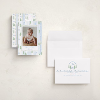 This is a blue jay petite holiday cards with standard by Creo Study called trees and bows printing on recycled smooth signature in petite