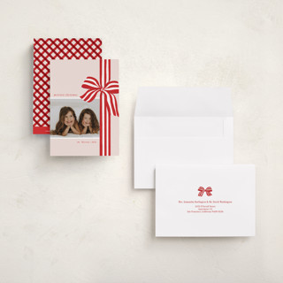 This is a poinsettia petite holiday cards with standard by Angela Marzuki called ribbon wrapped printing on recycled smooth signature in petite