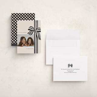 This is a charcoal petite holiday cards with standard by Angela Marzuki called ribbon wrapped printing on recycled smooth signature in petite