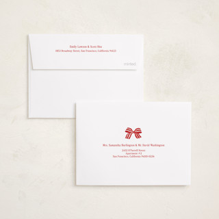 This is a poinsettia petite holiday cards with standard by Angela Marzuki called ribbon wrapped printing on recycled smooth signature in petite