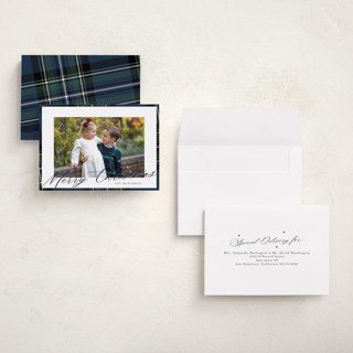 This is a navy petite holiday cards with standard by Cindy Reynolds called yule plaid printing on recycled smooth signature in petite
