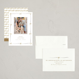 This is a tinsel petite holiday cards with standard by Susan Zinader called preppy bow border printing on recycled smooth signature in petite
