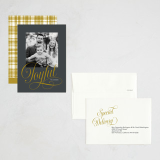 This is a charcoal petite holiday cards with standard by Stacey Day called joyful beauty printing on recycled smooth signature in petite