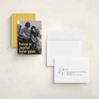 This is a goldenrod petite holiday cards with standard by Kacey Kendrick Wagner called bright message printing on recycled smooth signature in petite