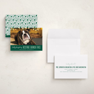 This is a noble fir petite holiday cards with standard by Erica Krystek called grinch face printing on recycled smooth signature in petite