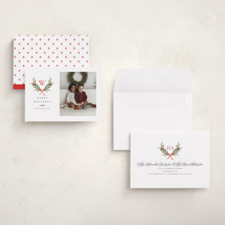 This is a cardinal petite holiday cards with standard by Melanie Kosuge called monogram wreath printing on recycled smooth signature in petite