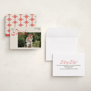 This is a red bow petite holiday cards with standard by Megan Davis called sleighs printing on recycled smooth signature in petite