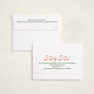 This is a red bow petite holiday cards with standard by Megan Davis called sleighs printing on recycled smooth signature in petite