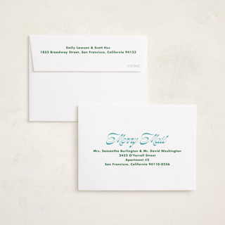 This is a turquoise petite holiday cards with standard by Megan Davis called sleighs printing on recycled smooth signature in petite