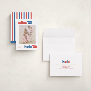 This is a azure petite holiday cards with standard by Megan Davis called adios printing on recycled smooth signature in petite