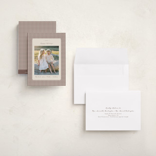 This is a gingerbread latte petite holiday cards with standard by Emily Betts called gingham vintage printing on recycled smooth signature in petite