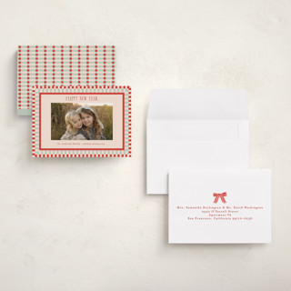 This is a tomato petite holiday cards with standard by Julie Murray called modern plaid printing on signature in petite