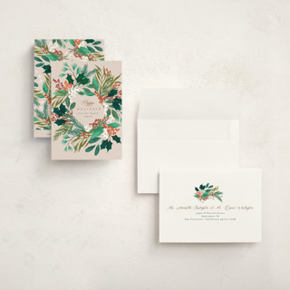 This is a buttercream petite holiday cards with standard by Alethea and Ruth called foliage wreath printing on signature in petite
