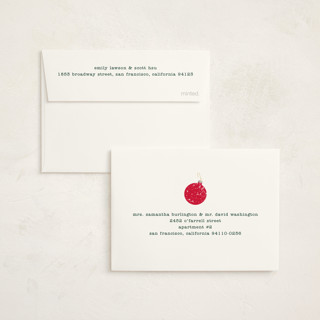 This is a snow petite holiday cards with standard by Baumbirdy called santa ornaments printing on signature in petite