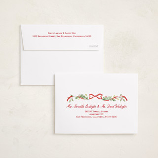 This is a cardinal petite holiday cards with standard by Sarah Knight called ribbon arch printing on recycled smooth signature in petite