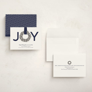 This is a blueberry petite holiday cards with standard by Sarah Brown called joy wreath printing on signature in petite