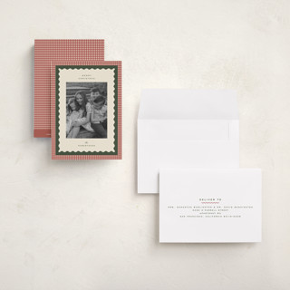 This is a cranberry petite holiday cards with standard by Ellen Schlegelmilch called gingham layers printing on signature in petite