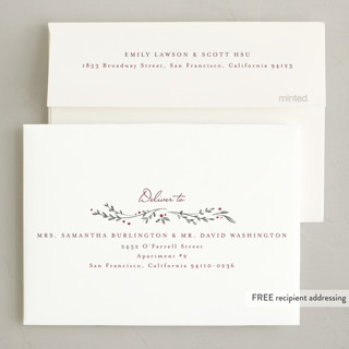 This is a pebble petite holiday cards with standard by Emily Sabol Goss called leafy border printing on recycled smooth signature in petite