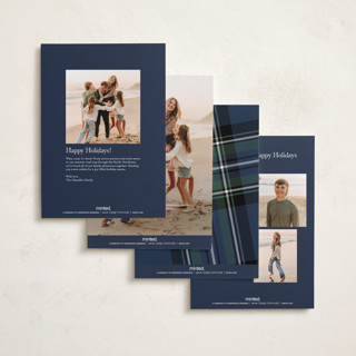 This is a navy petite holiday cards with standard by Cindy Reynolds called yule plaid printing on recycled smooth signature in petite