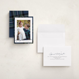 This is a navy petite holiday cards with standard by Cindy Reynolds called yule plaid printing on recycled smooth signature in petite