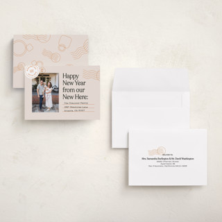 This is a champagne petite holiday cards with standard by Shari Margolin called new here printing on recycled smooth signature in petite