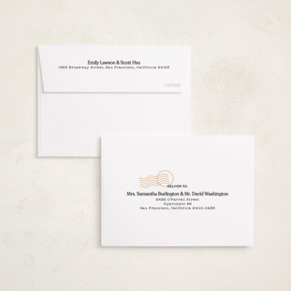 This is a champagne petite holiday cards with standard by Shari Margolin called new here printing on recycled smooth signature in petite