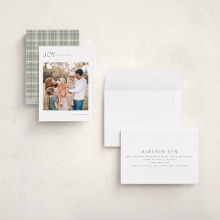 This is a pine petite holiday cards with standard by Wildfield Paper Co called joy! to the world printing on recycled smooth signature in petite