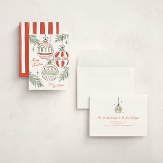 This is a festive petite holiday cards with standard by Erin German called bright ornaments printing on signature in petite