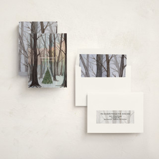 This is a sunset non photo holiday cards with standard by Karina Racz called silent night woods printing on signature in standard