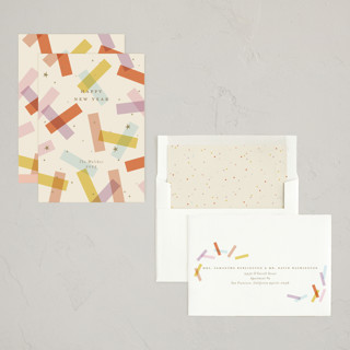 This is a peach non photo holiday cards with standard by Ellen Schlegelmilch called confetti strips printing on signature in standard