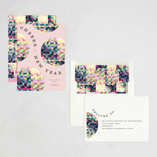 This is a plum non photo holiday cards with standard by Pixel and Hank called new year disco printing on signature in standard