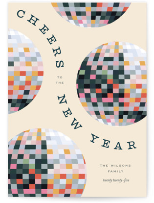 This is a champagne non photo holiday cards with standard by Pixel and Hank called new year disco printing on signature in standard