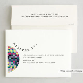 This is a plum non photo holiday cards with standard by Pixel and Hank called new year disco printing on signature in standard