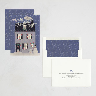 This is a violet non photo holiday cards with standard by Ani Somi called cozy house printing on signature in standard