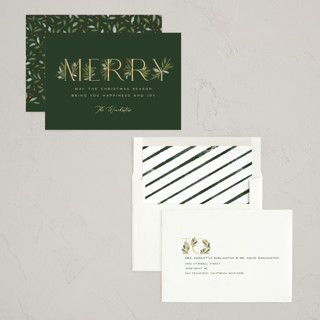 This is a pine non photo holiday cards with standard by Paula Pecevich called botanical merry printing on signature in standard