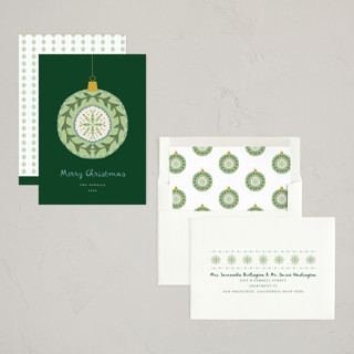 This is a pine non photo holiday cards with standard by Erika Firm called vintage christmas ornament printing on signature in standard