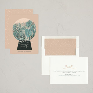This is a peach non photo holiday cards with standard by Ani Somi called winter forest snow globe printing on signature in standard
