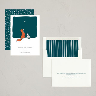 This is a evergreen non photo holiday cards with standard by Diane Pearse called peace on earth fox and rabbit printing on signature in standard