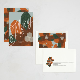This is a persimmon non photo holiday cards with standard by Carrie Moradi called paper blooms printing on signature in standard
