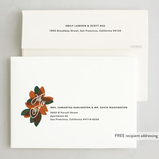 This is a persimmon non photo holiday cards with standard by Carrie Moradi called paper blooms printing on signature in standard