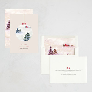 This is a buttercream non photo holiday cards with standard by Lindsay Megahed called snowy scene ornament printing on signature in standard