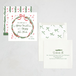 This is a pine non photo holiday cards with standard by Creo Study called handmade wreath printing on signature in standard