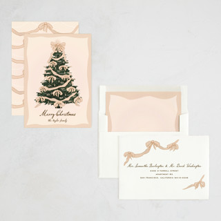 This is a champagne non photo holiday cards with standard by Jennifer Lew called rococo tree printing on signature in standard