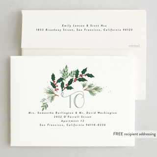 This is a mint non photo holiday cards with standard by Rebecca Durflinger called a very merry christmas botanicals printing on signature in standard